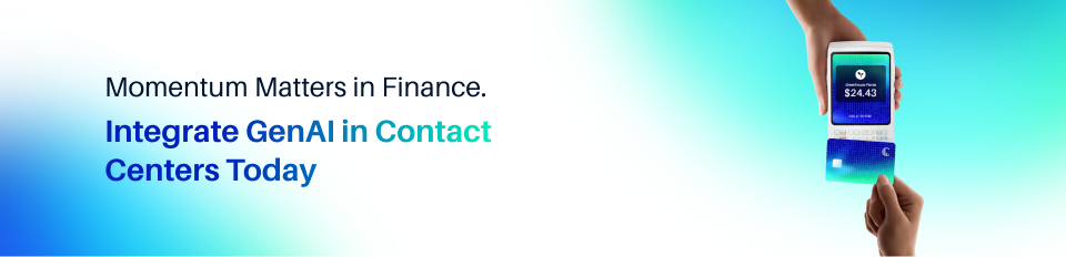 Finance banner with message “Integrate GenAI in contact centers today” showing a digital payment transaction on a mobile device held between two hands against a gradient background